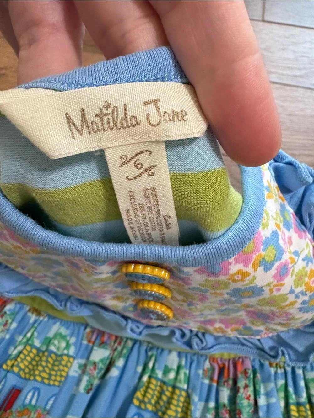 Matilda Jane Blue, Yellow & Green Patchwork Village Dress size 6